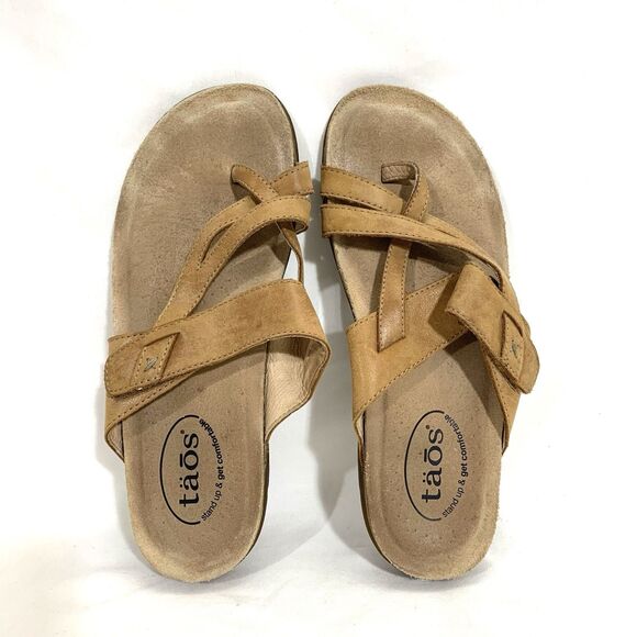 Taos Women’s Perfect Sz 8 Tan Leather Flat Thong Sandals - Picture 1 of 12